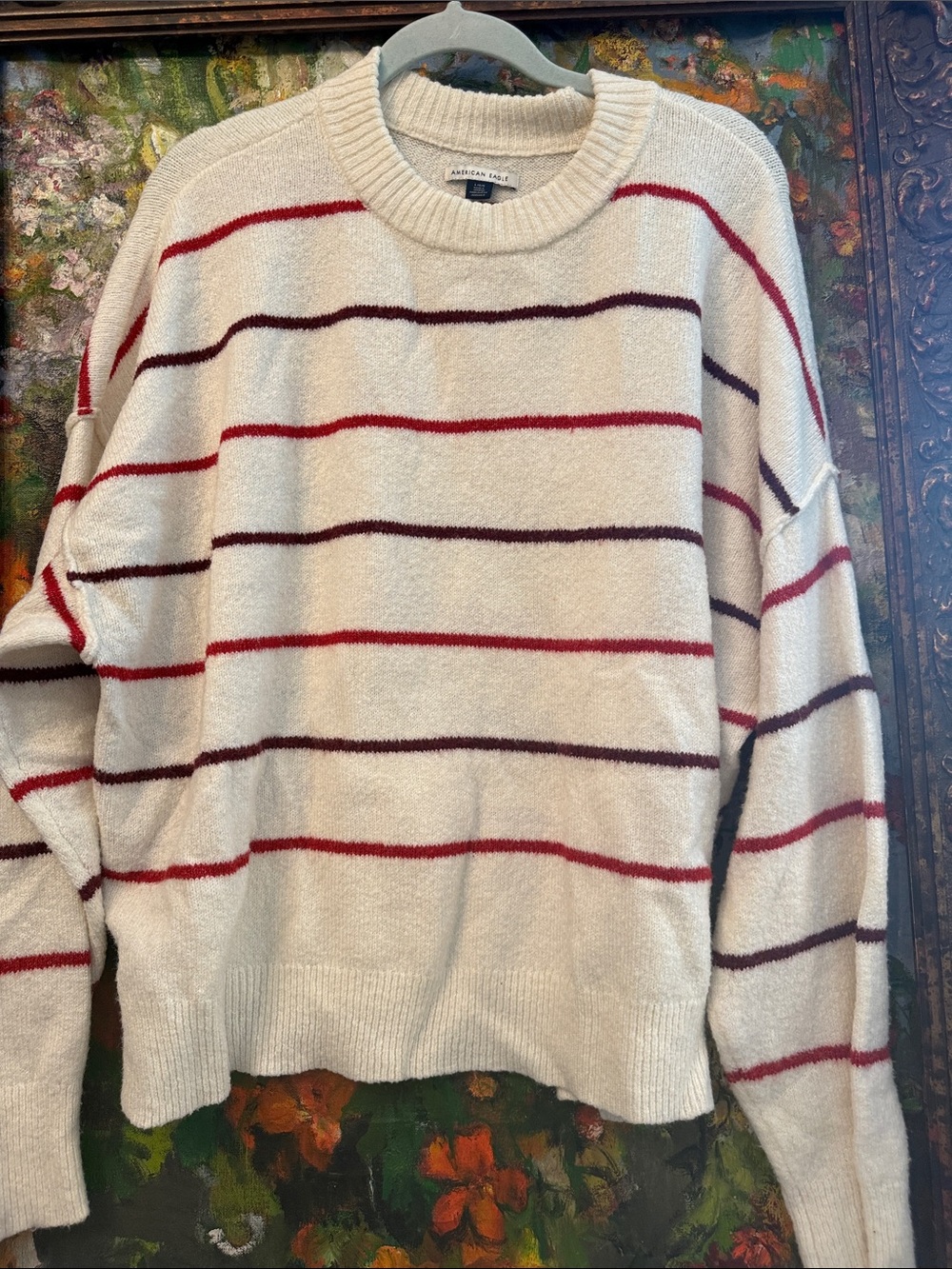 American Eagle Outfitters Cream Crewneck with Red & Burgundy Stripes